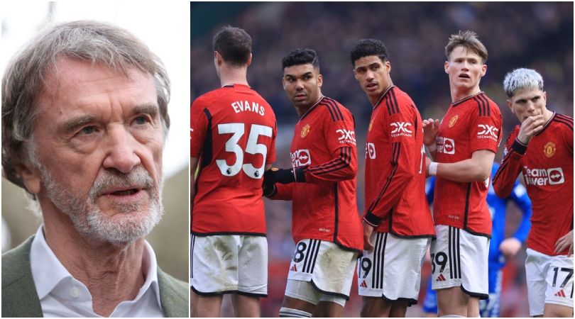 The Manchester United defensive wall consisting of Jonny Evans, Casemiro, Raphael Varane, Scott McTominay and Alejandro Garnacho during the Premier League match between Manchester United and Everton FC at Old Trafford on March 9, 2024 in Manchester, England.(Photo by Simon Stacpoole/Offside/Offside via Getty Images)