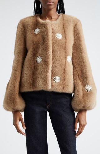 Benson Imitation Pearl Detail Faux Fur Coat