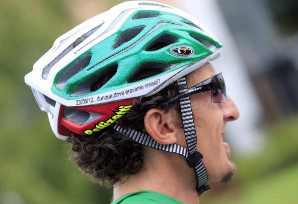 "Now where were we?" - Franco Pellizotti commemorates winning the Italian championships shortly after returning from a two-year ban for biological passport violations.