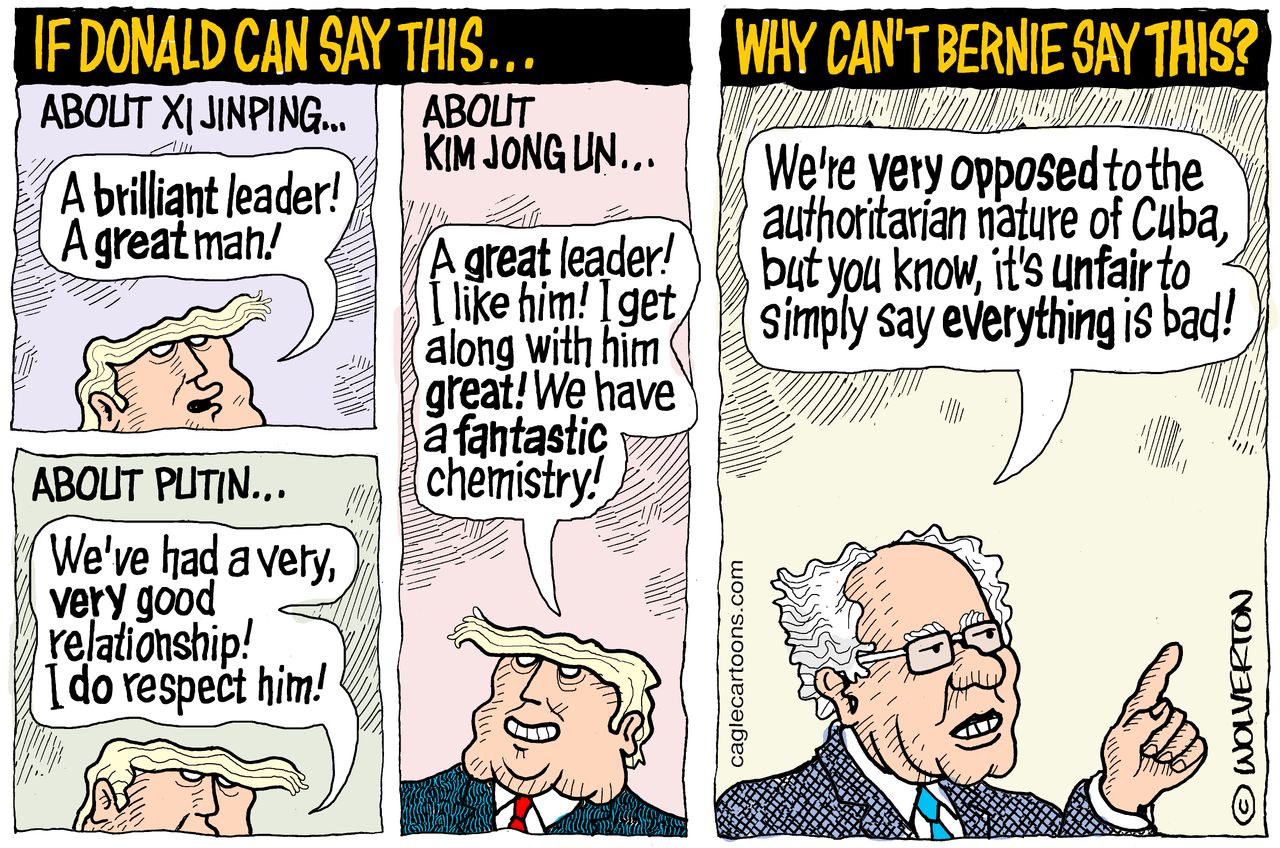 Political Cartoon U.S. Trump Bernie Sanders Cuba socialism communism dictatorships hypocrisy