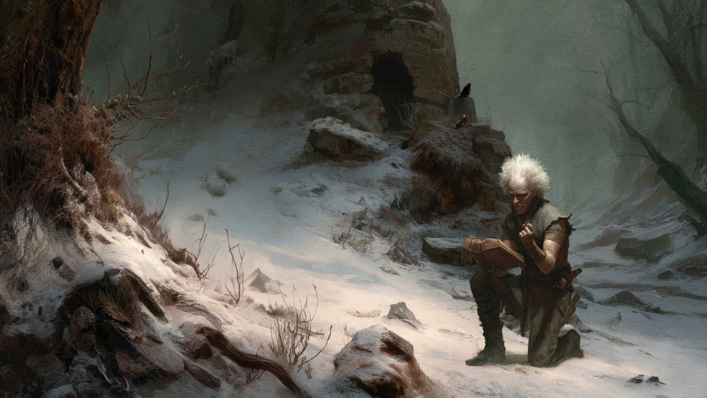 Dark digital art showing a fantasy character kneeling in front of a foreboding tower