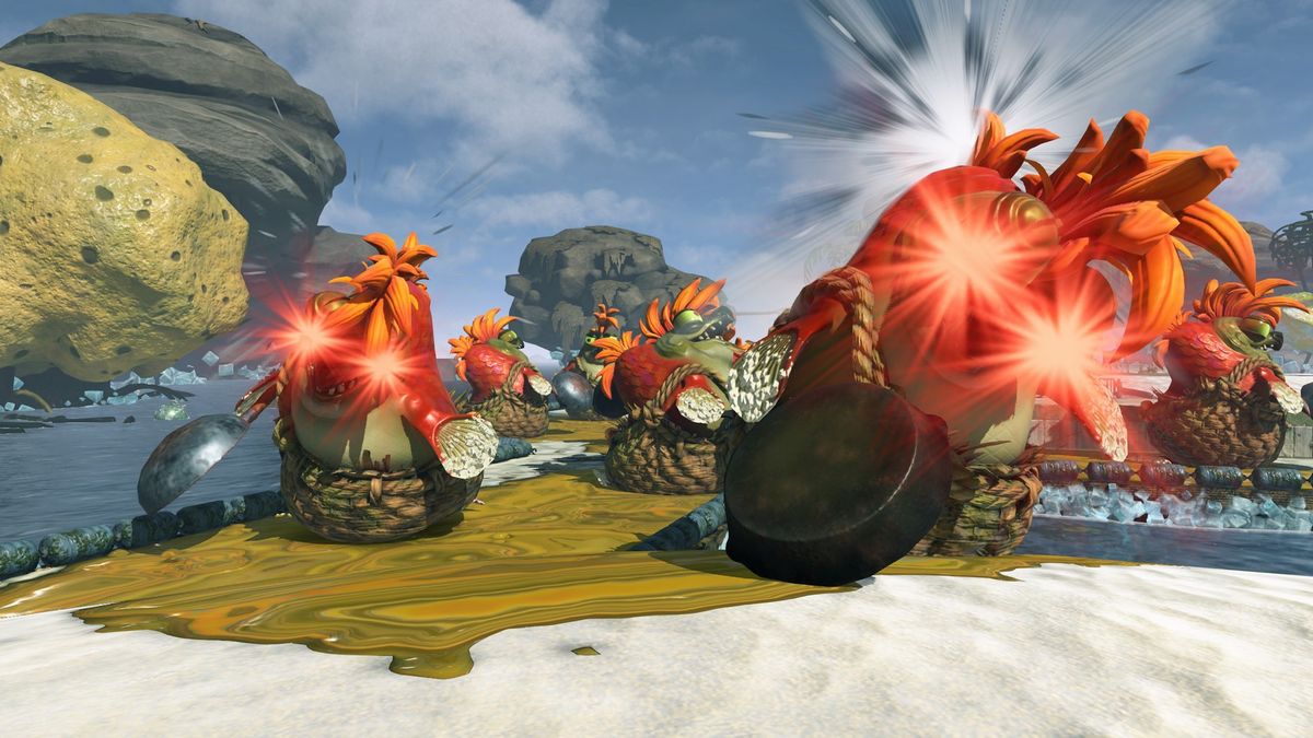 Enemy Salmonids on an island in Splatoon Raiders, with their eyes glowing red