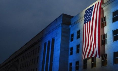 A memorial flag marks the spot where a plane flew into the Pentagon on 9/11.