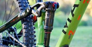 Close up rear shock details on the Marin Alpine Trail 7