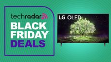 LG OLED TV on green background with Black Friday deals logo