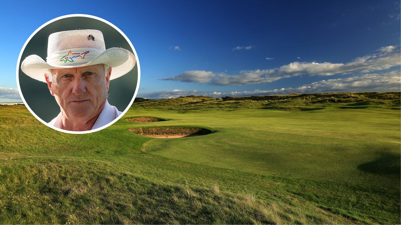 Main image of Royal Troon&#039;s par-5 sixth hole with Greg Norman inset