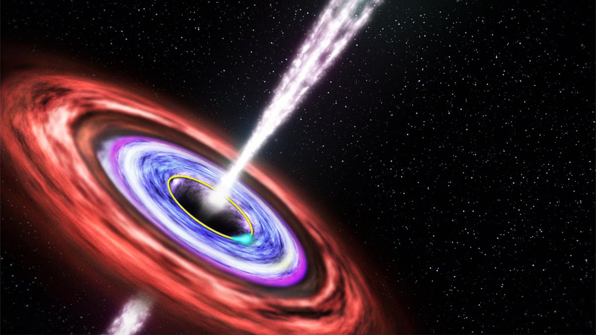 This illustration shows a black hole emitting jets of fast-moving plasma above and below it, as matter swirls around in an orbiting disk.
