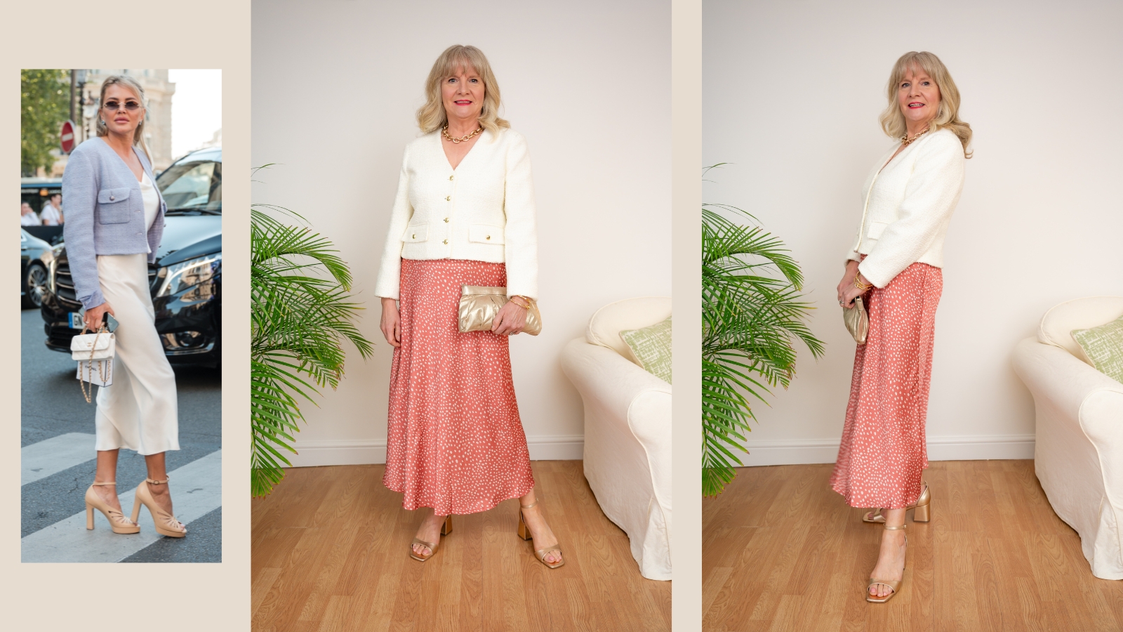 Street style wearing satin slip skirt compositte image with Julie Player wearing similar skirt