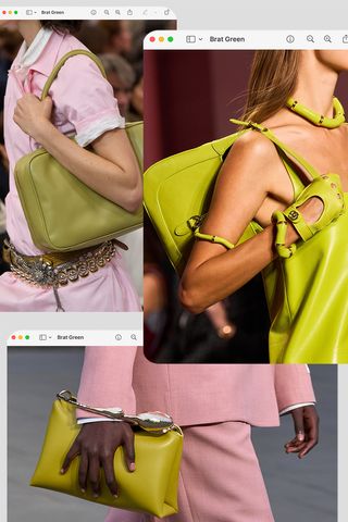 A collage of runway images depicting the bag color trend spring 2025 brat green in Miu Miu, Gucci, and Erdem's collections