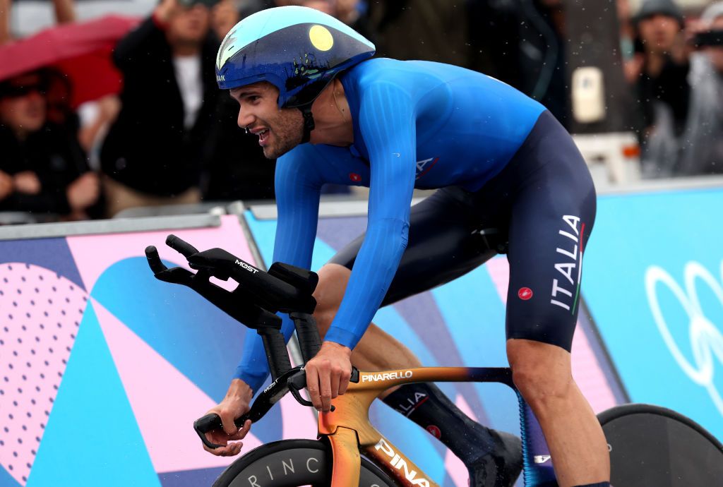 PARIS FRANCE JULY 27 Filippo Ganna of Team Italy competes during the Mens Individual Time Trial on day one of the Olympic Games Paris 2024 at Pont Alexandre III on July 27 2024 in Paris France Photo by Tim de WaeleGetty Images