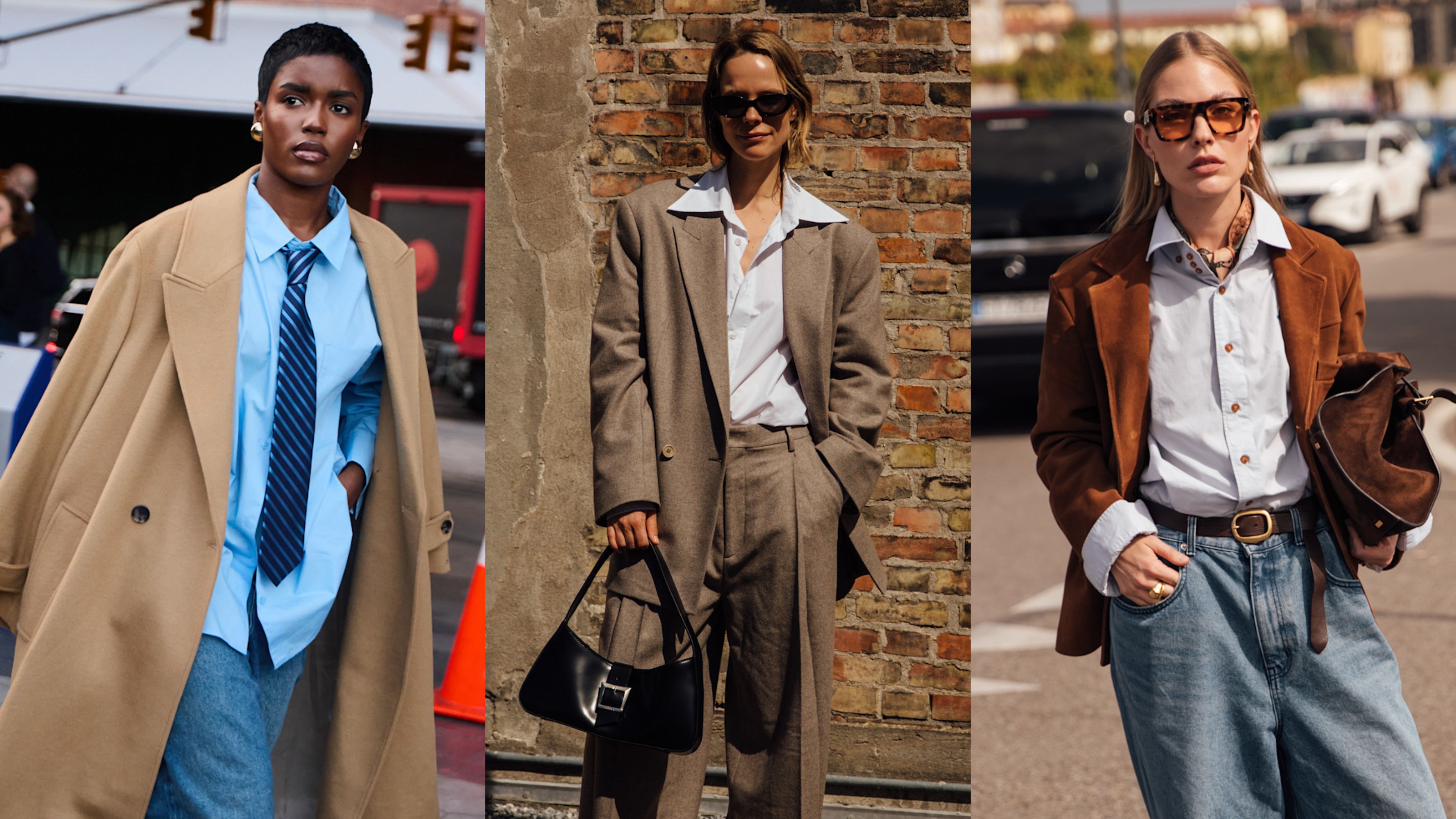 woman wearing trench, button-down, and jeans; woman wearing a blazer, a button-down shirt, and trousers; a woman wearing a suede jacket, a button-down shirt, and jeans 