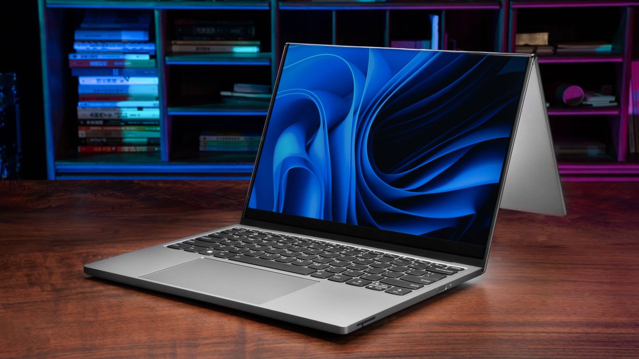 Lenovo ThinkBook Flip AI PC Concept on table facing front in Laptop mode