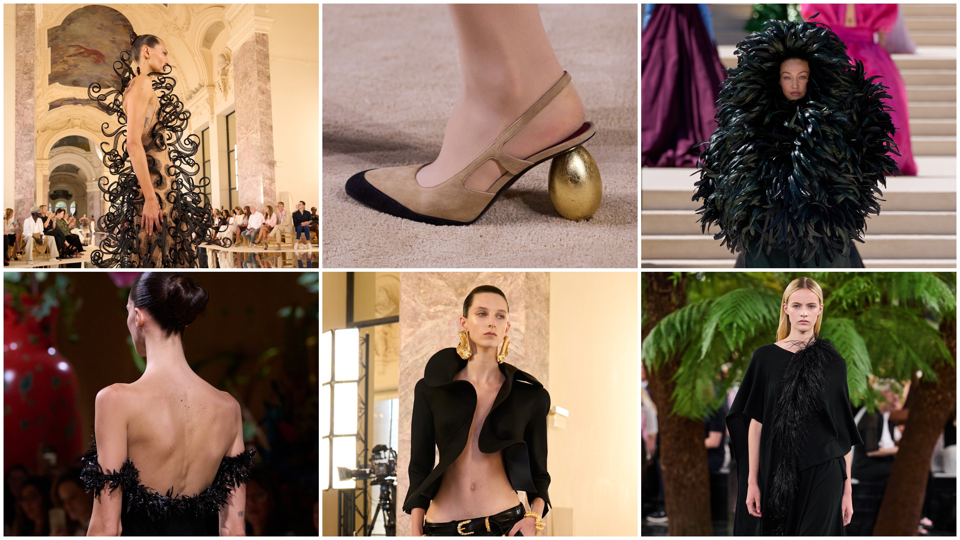 collage of surrealist fashion from the haute couture runways of chanel, dior, schiapareli, and. balenciaga 