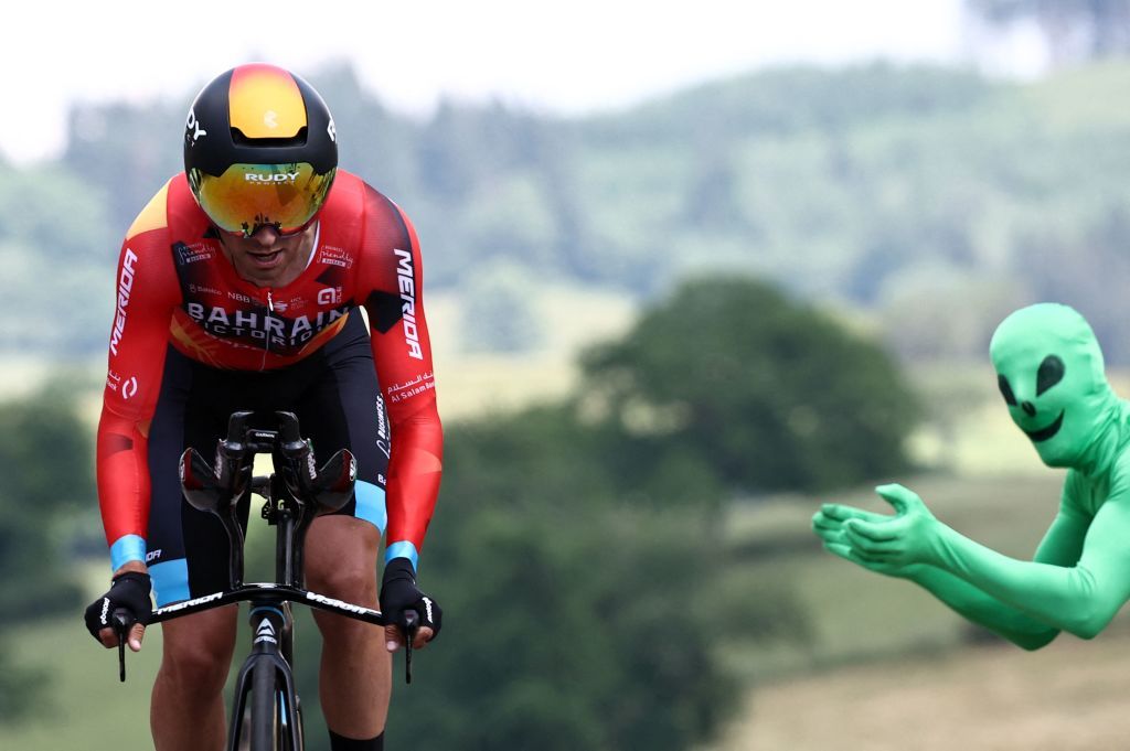 Bahrain Victoriouss Spanish rider Mikel Landa competes in the fourth stage of the 75th edition of the Criterium du Dauphine cycling race individual time trial 311km between Cours to Belmont de La Loire France on June 7 2023 Photo by AnneChristine POUJOULAT AFP Photo by ANNECHRISTINE POUJOULATAFP via Getty Images