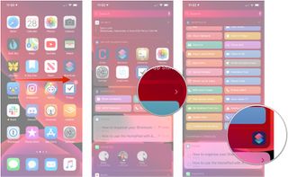 Organize Today widget, showing how to swipe to the right, then tap Show More button, then tap Customize in Shortcuts