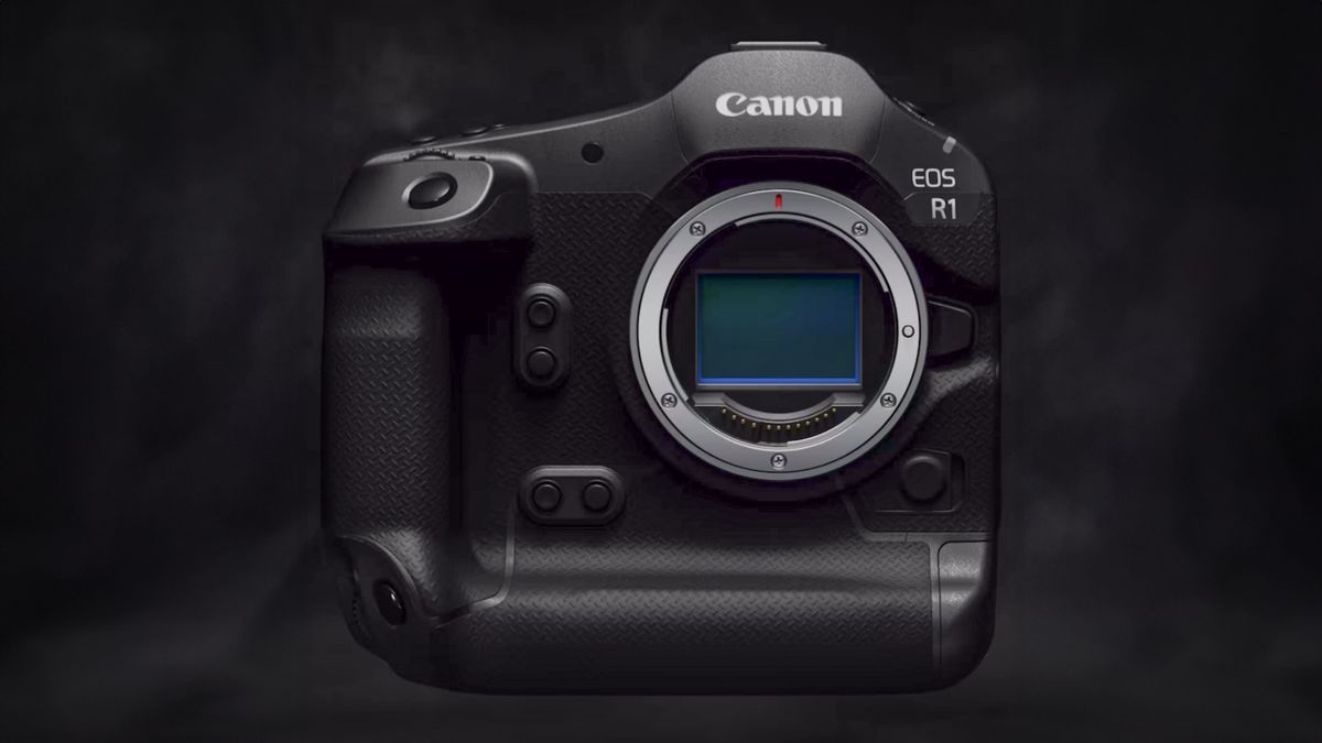 Canon EOS R1 against a black smokey background