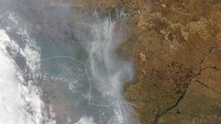 Smoke streams from wildfires in the Pantanal in this image, which was captured on Sept. 6, 2020, by the Moderate Resolution Imaging Spectroradiometer (MODIS) instrument on NASA’s Terra satellite.