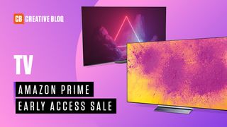 Two photos of TVs sit on a purple background for the upcoming TV Prime deals event. 