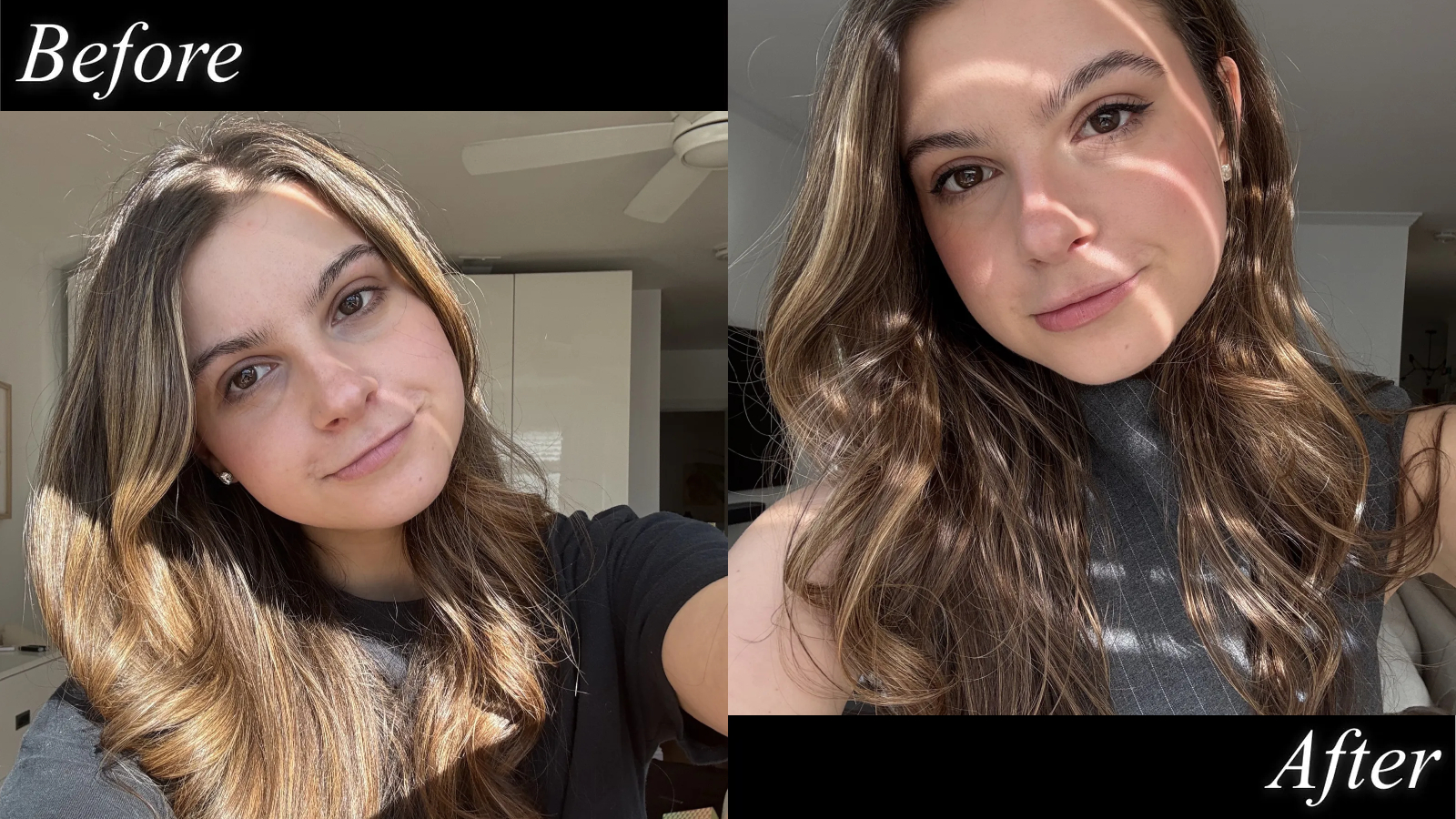 A girl with long brown hair and a black shirt and no makeup and a girl with curly brown hair and a grey striped tank top