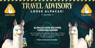 A travel advisory for Final Fantasy 14: Dawntrail, which alerts travellers to loose Alpacas "in case you like alpacas and want to pet one".