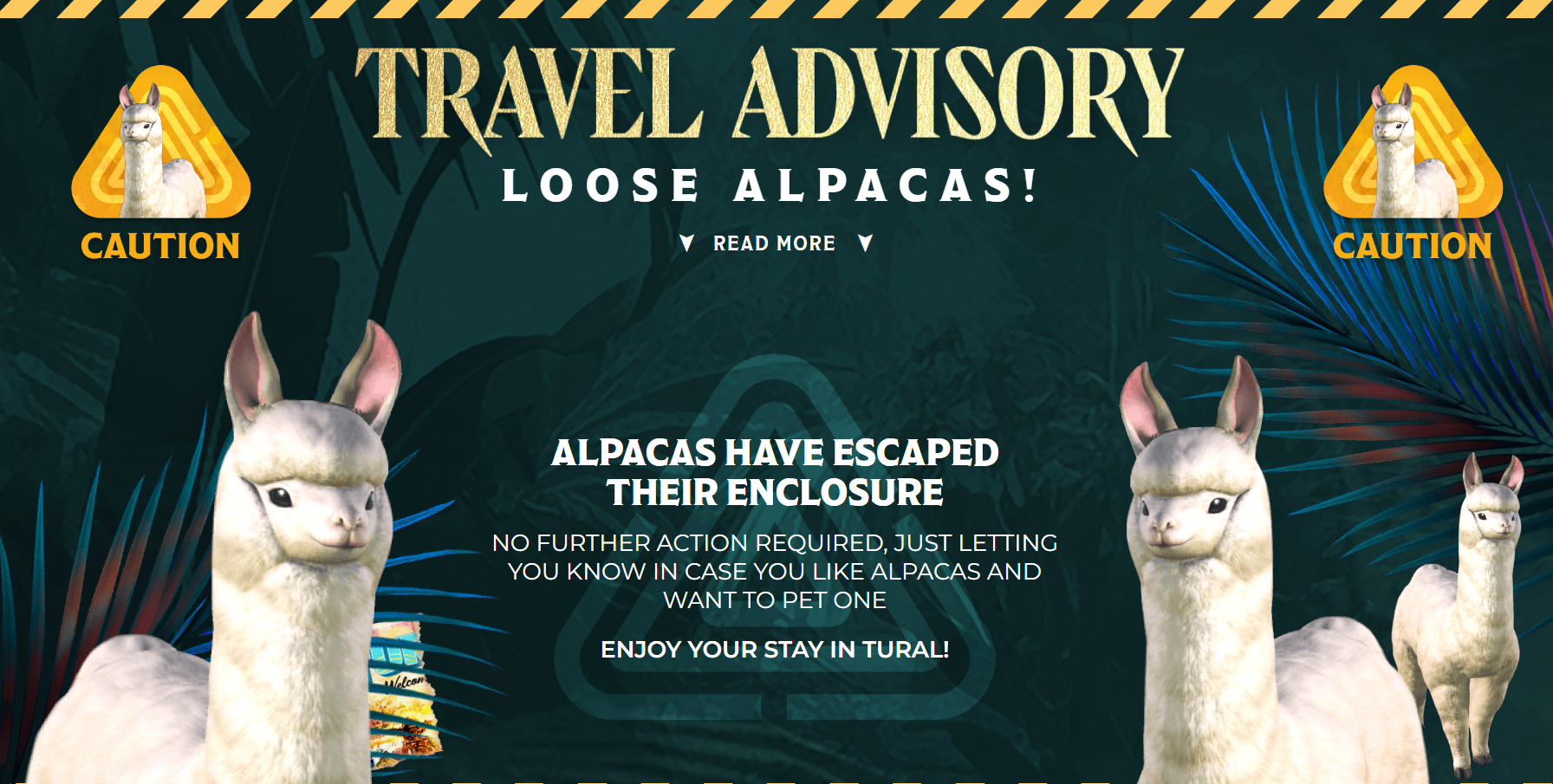 A travel advisory for Final Fantasy 14: Dawntrail, which alerts travellers to loose Alpacas 
