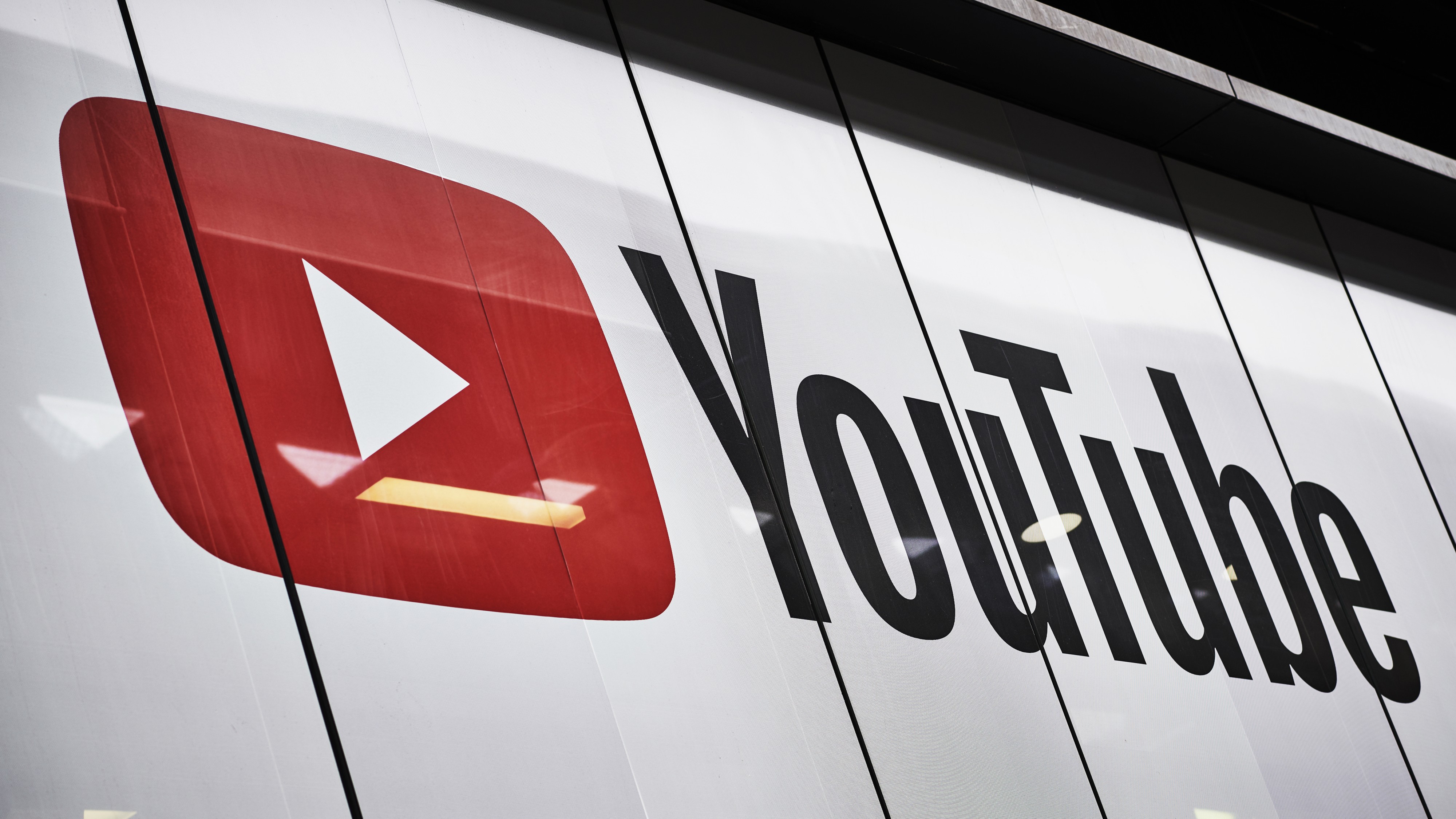 Detail of the YouTube logo outside the YouTube Space studios in London.