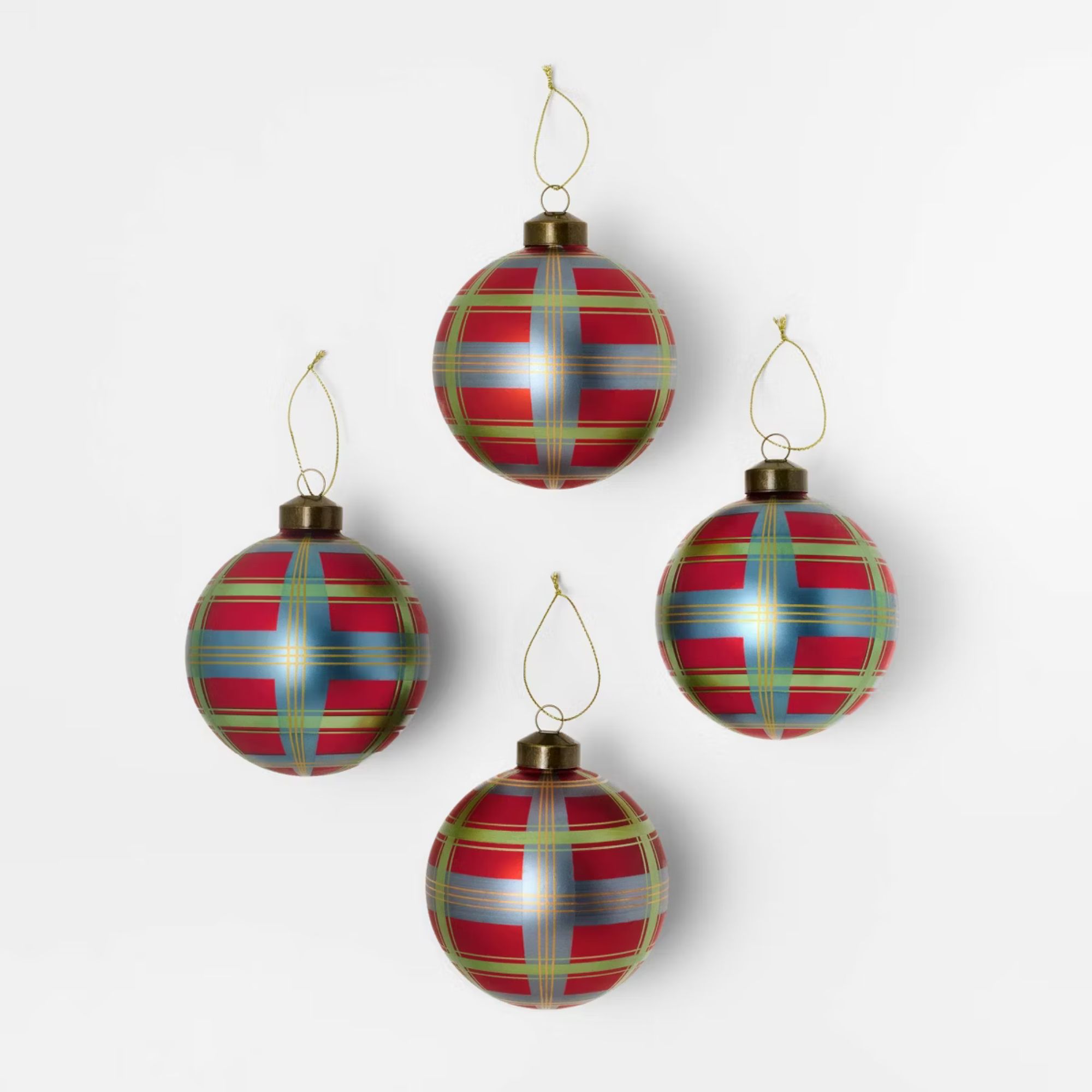 Set of 4 Plaid Glass Christmas Ornaments