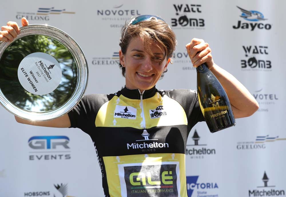 Valentina Scandolara shows off her trophy as overall winner of the Bay Crits