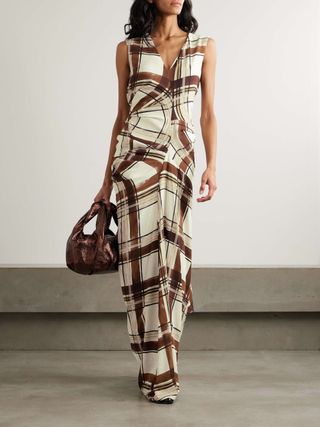 Gathered Checked Crepe Maxi Dress