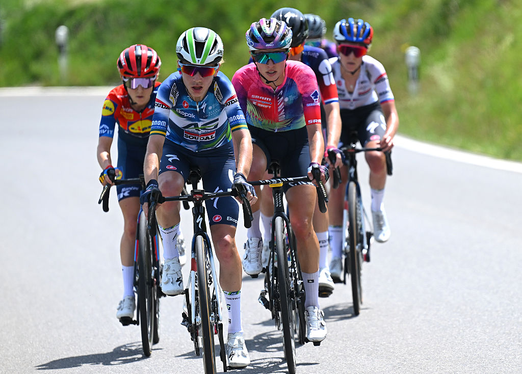 L-R) Sarah Gigante of Australia and Team AG Insurance - Soudal and Katarzyna Niewiadoma of Poland and Team CANYON/SRAM zondacrypto compete in the breakaway during the 5th Tour de Suisse Women 2025, Stage 1 a 95.5km stage from Gstaad to Gstaad 1047m / #UCIWWT / on June 12, 2025 in Gstaad, Switzerland. (Photo by Tim de Waele/Getty Images)