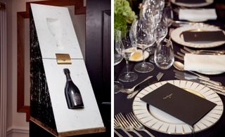 Left, an impressive marble display houses one of Dom Pérignon's finest vintages from 1996 and Right, the table setting for our intimate dinner