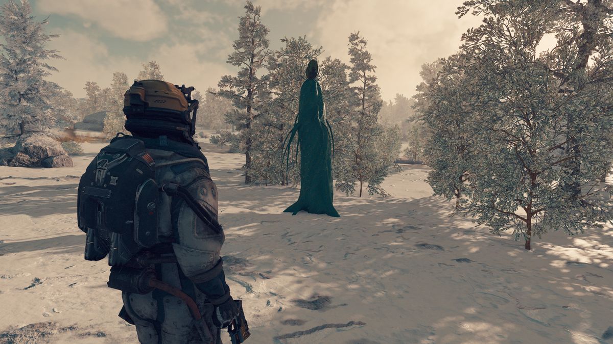 Starfield high-tensile spidroin - a player stands in a snowy area with a tall cactus-like plant just ahead