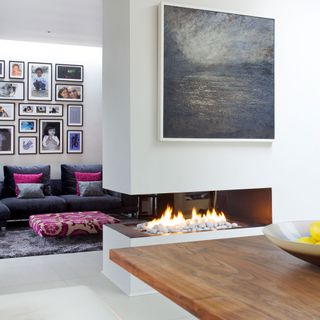 modern fireplace in open plan living area