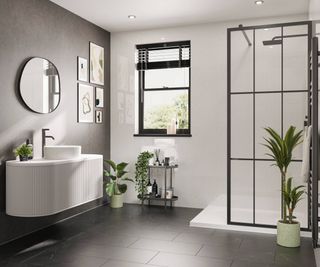 black and white bathroom with walk in shower and vanity unit with sink