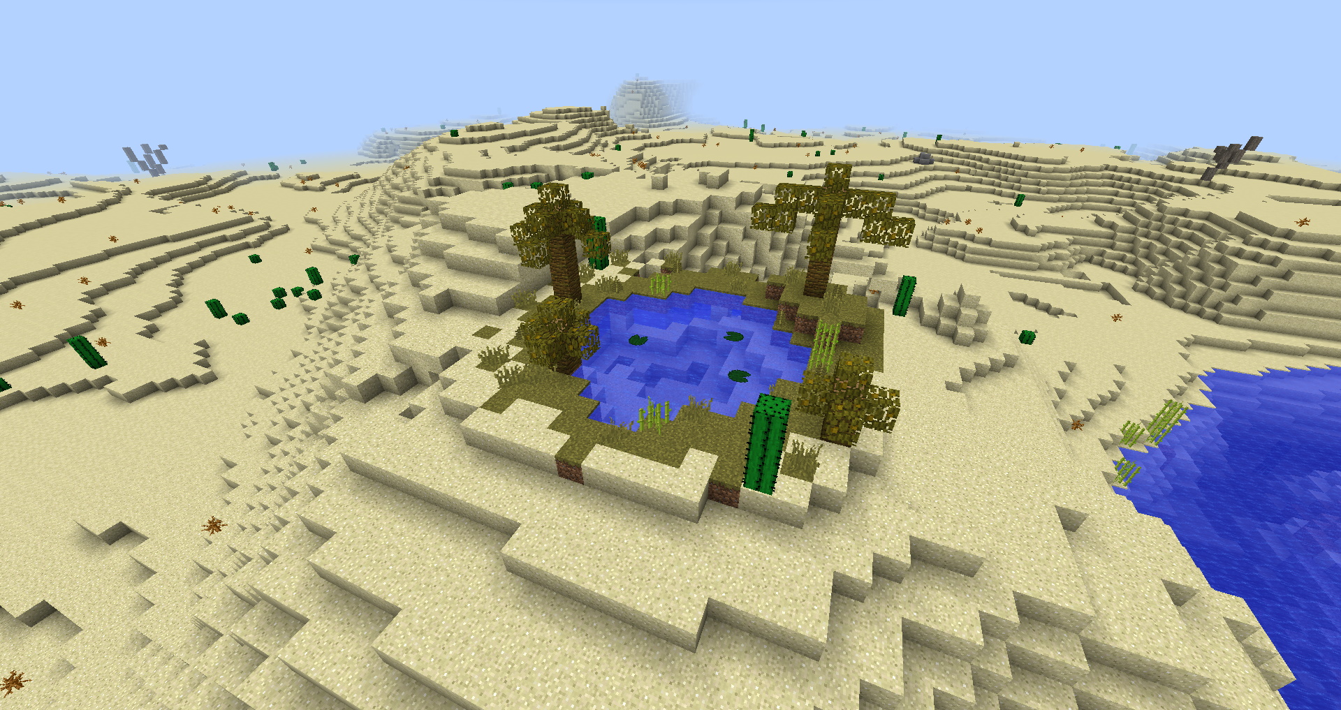 Minecraft Mods - Additional Structures - An oasis in the desert with palm trees