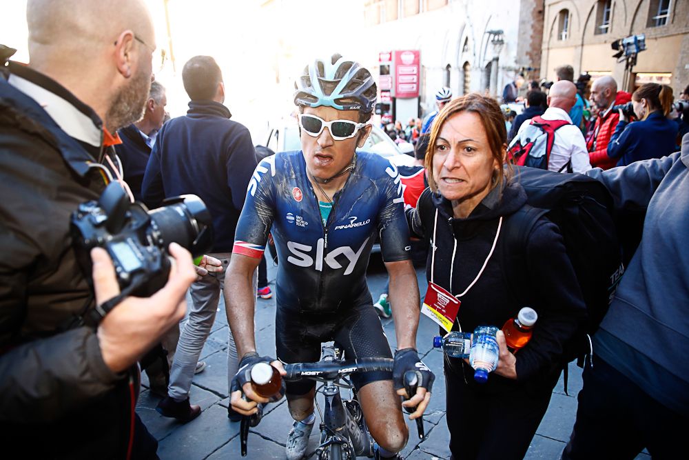 Geraint Thomas at the finish of Strade Bianche