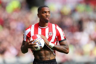 Ivan Toney of Brentford takes a throw in during the Premier League match between Brentford FC and Arsenal FC at Brentford Community Stadium on September 18, 2022 in Brentford, England.