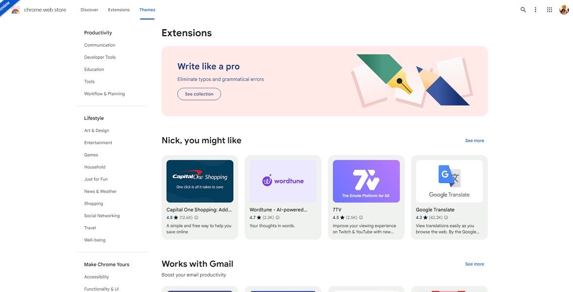 The new "extension" page in Google Chrome's Web Store redesign preview.