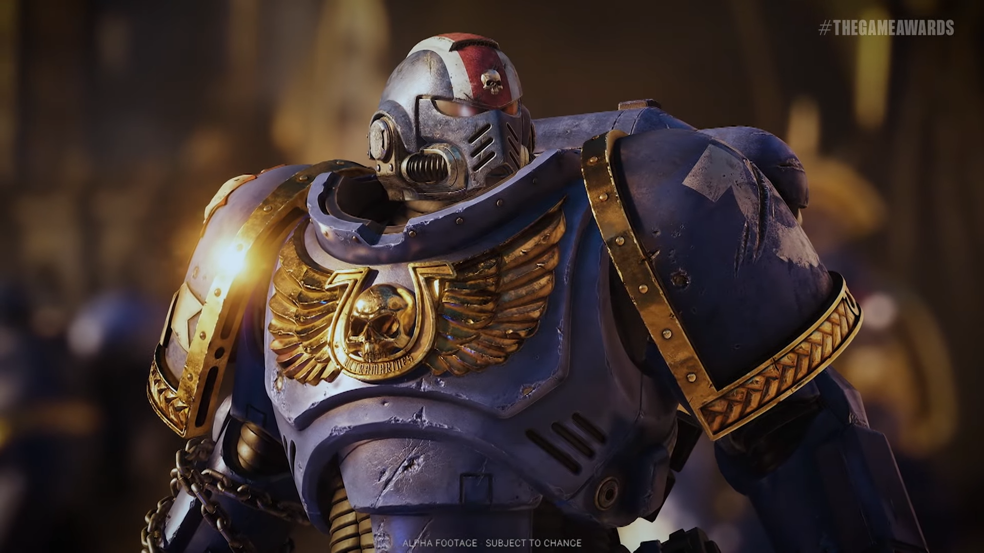 Space Marine 2 guy in a suit of armor.