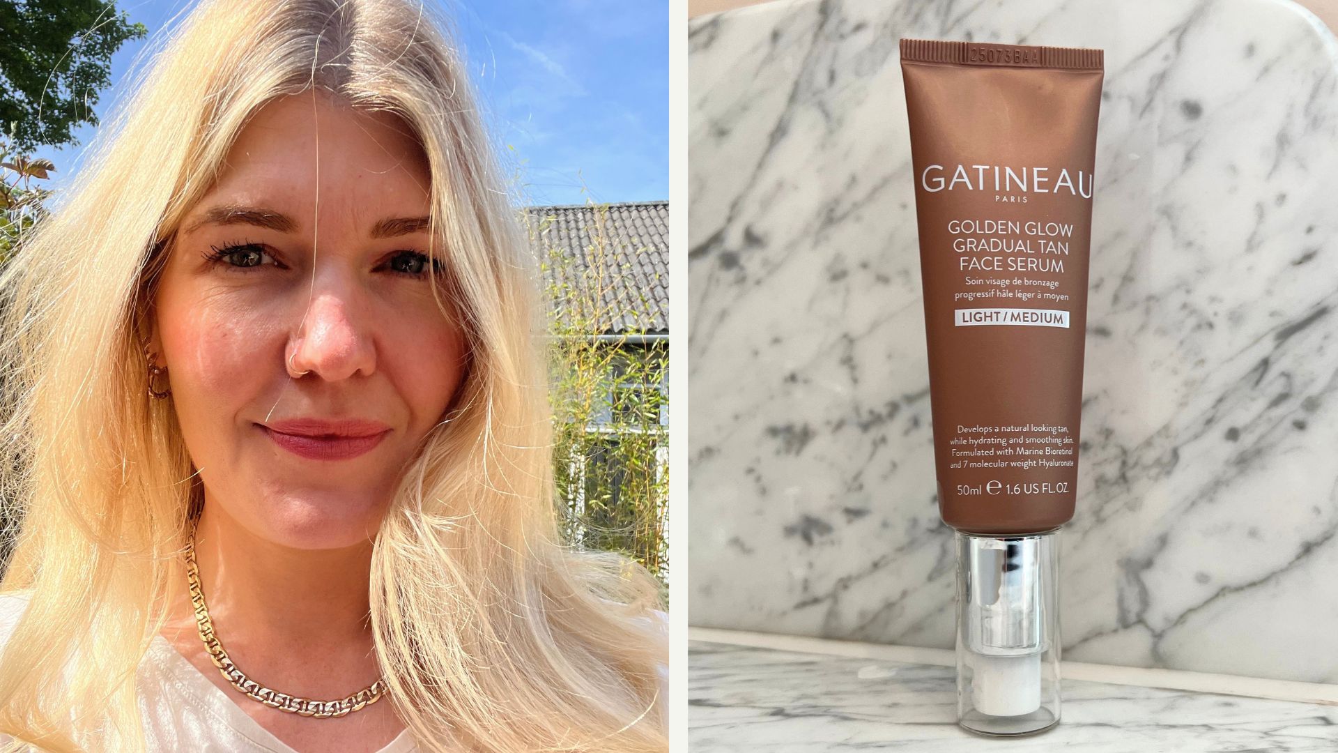 beauty editor Fiona McKim pictured with tanned skin outdoors, beside an image of gatineau gradual tan on a marble worktop