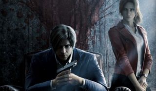 Resident Evil: Infinite Darkness Leon sits while Claire stands in a bloody room