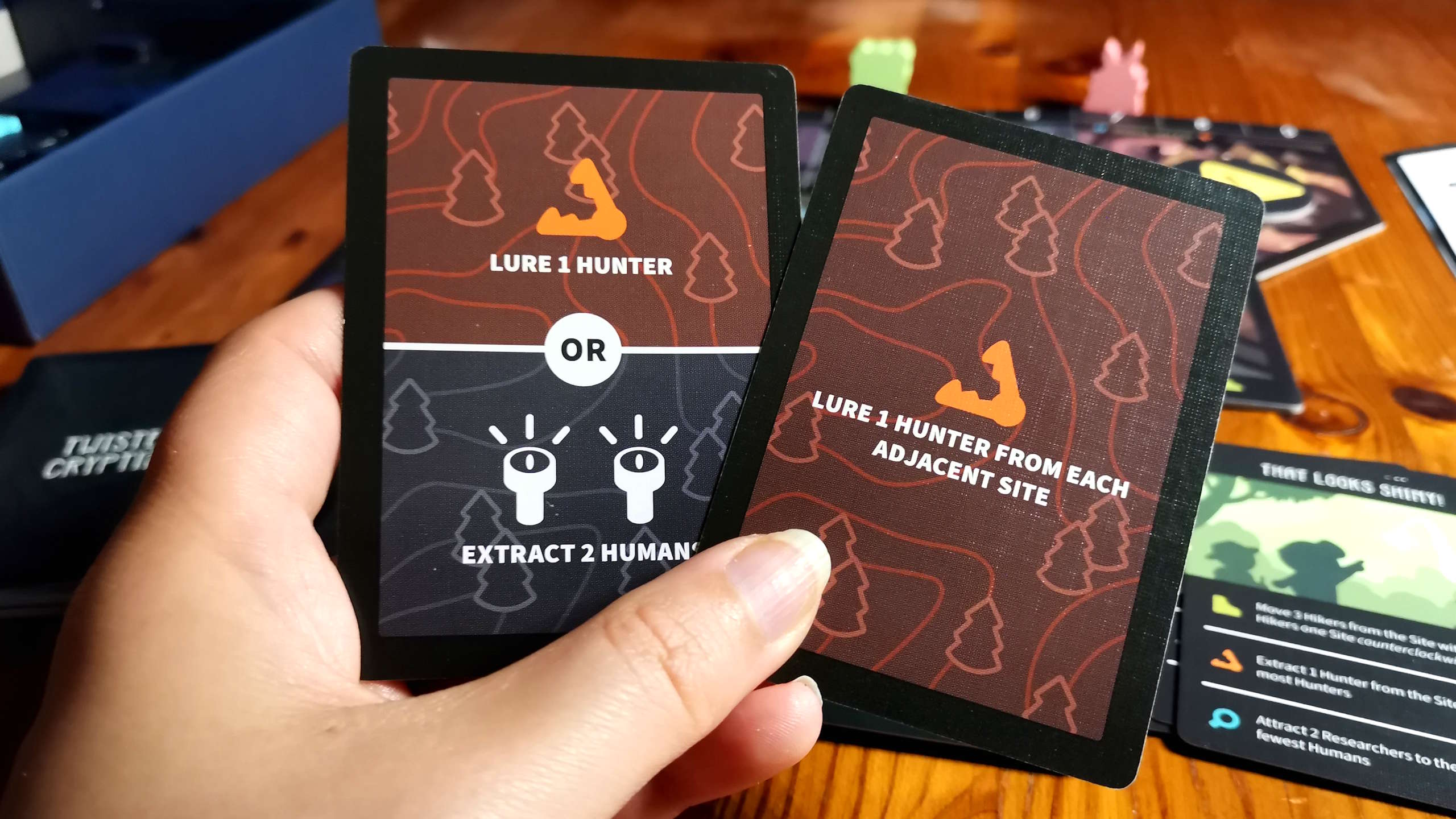 A hand holding Twisted Cryptids cards in front of board pieces and tokens on a wooden surface