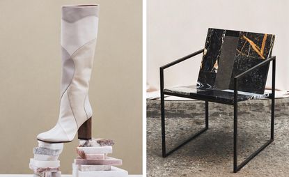 High heel knee length boot and marble pattern chair