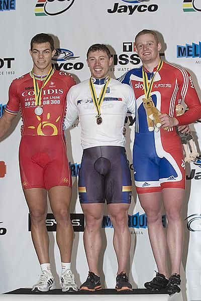 The men's sprint podium (l-r): Kevin Sireau (2nd,France), Shane Perkins (1st,Australia), and Matthew Crampton (3rd,Great Britain).