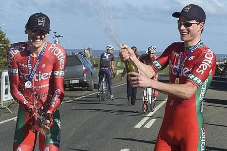 Dylan Newell (left) and stage winner and Praties teammate William Clarke celebrate their rides in the time trial.