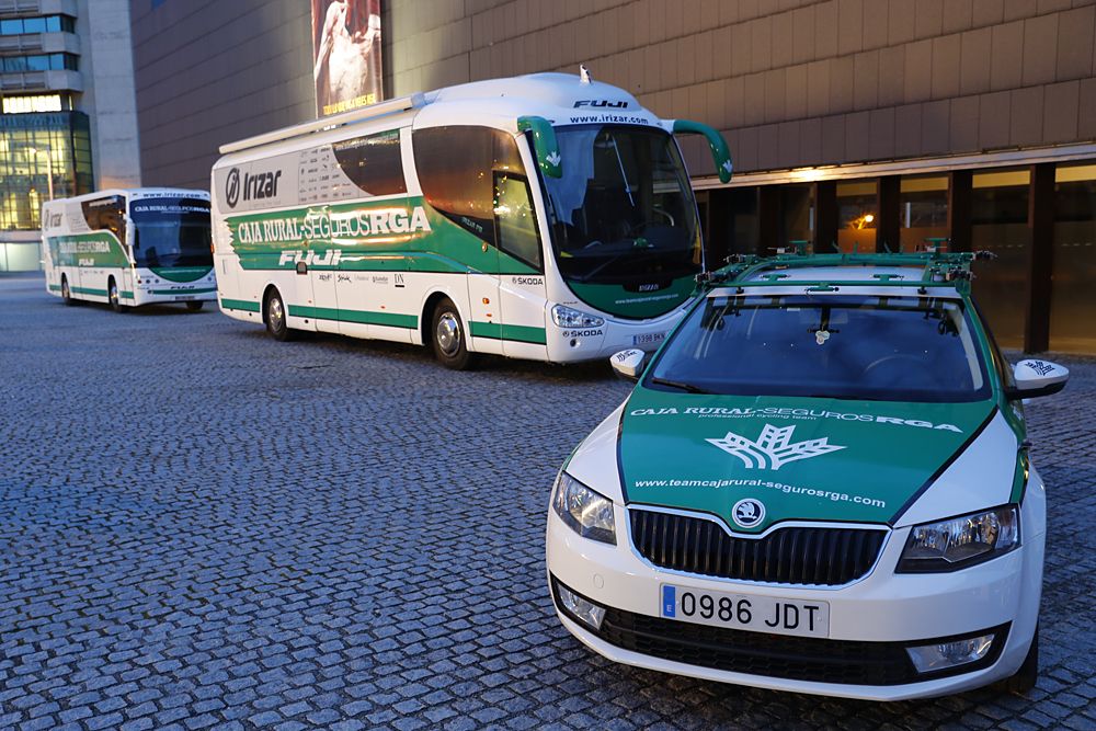 The Caja Rural-Seguros RGA team cars and bus