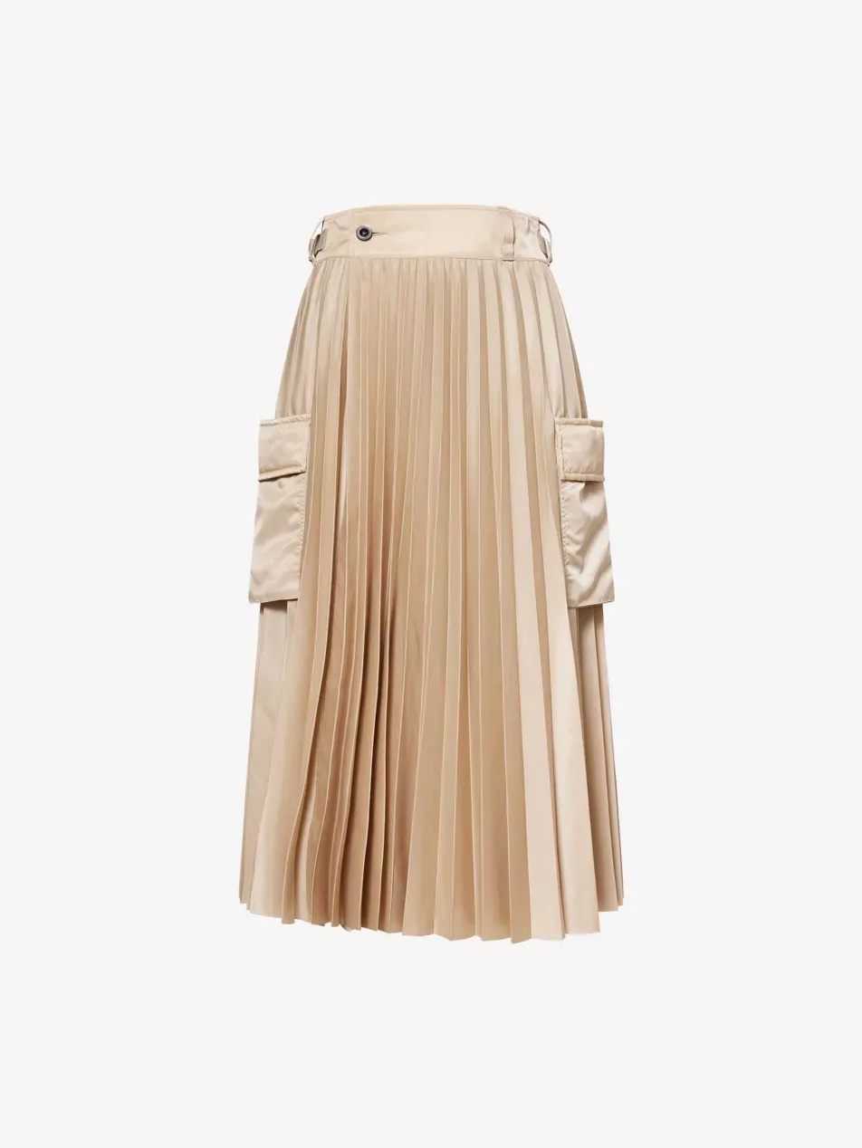 Pleated Wrap-Front Woven Midi Skirt - S