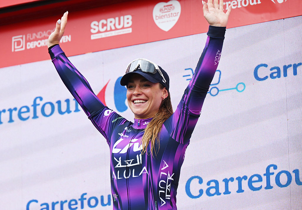 SANT BOI DE LLOBREGAT SPAIN MAY 05 Letizia Paternoster of Italy and Team Liv Allua Jayco celebrates at podium as Red Leader Jersey winner during the 11th La Vuelta Femenina 2025 Stage 2 a 99km stage from Molins de Rei to Sant Boi de Llobregat UCIWWT on May 05 2025 in Sant Boi de Llobregat Spain Photo by Szymon GruchalskiGetty Images