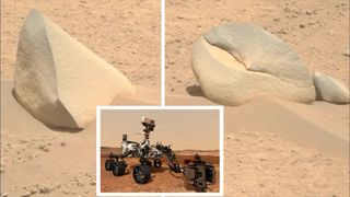 (Left) a shark fin shaped rock on Mars (Right) an accompanying crab claw shaped boulder (Insert) NASA's Perseverance Rover.