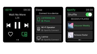 Skjermbilder av appen Spotify på Apple Watch.